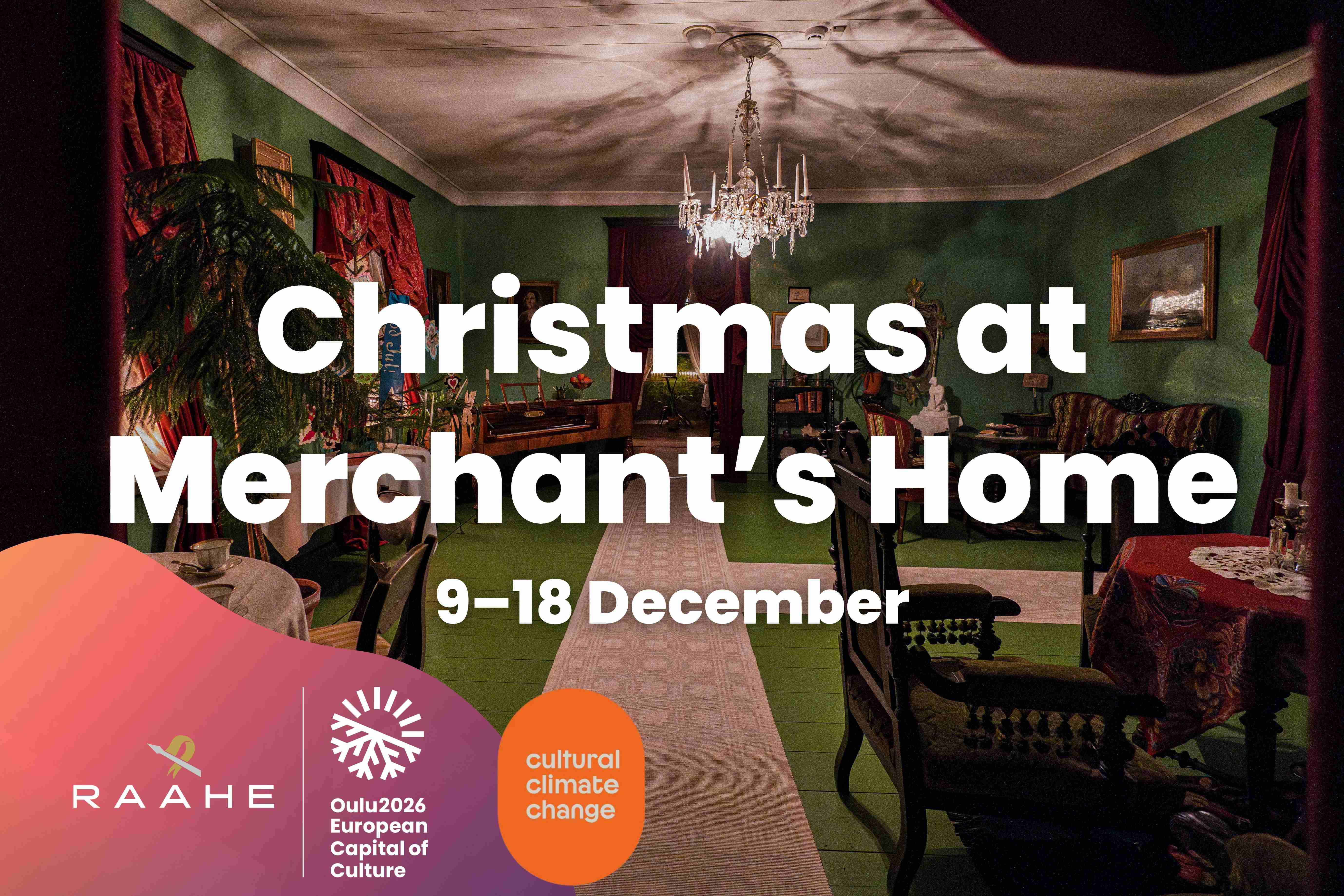 Graphic ad of Christmas at Merchant's Home with a picture of the interior of Sovelius House.