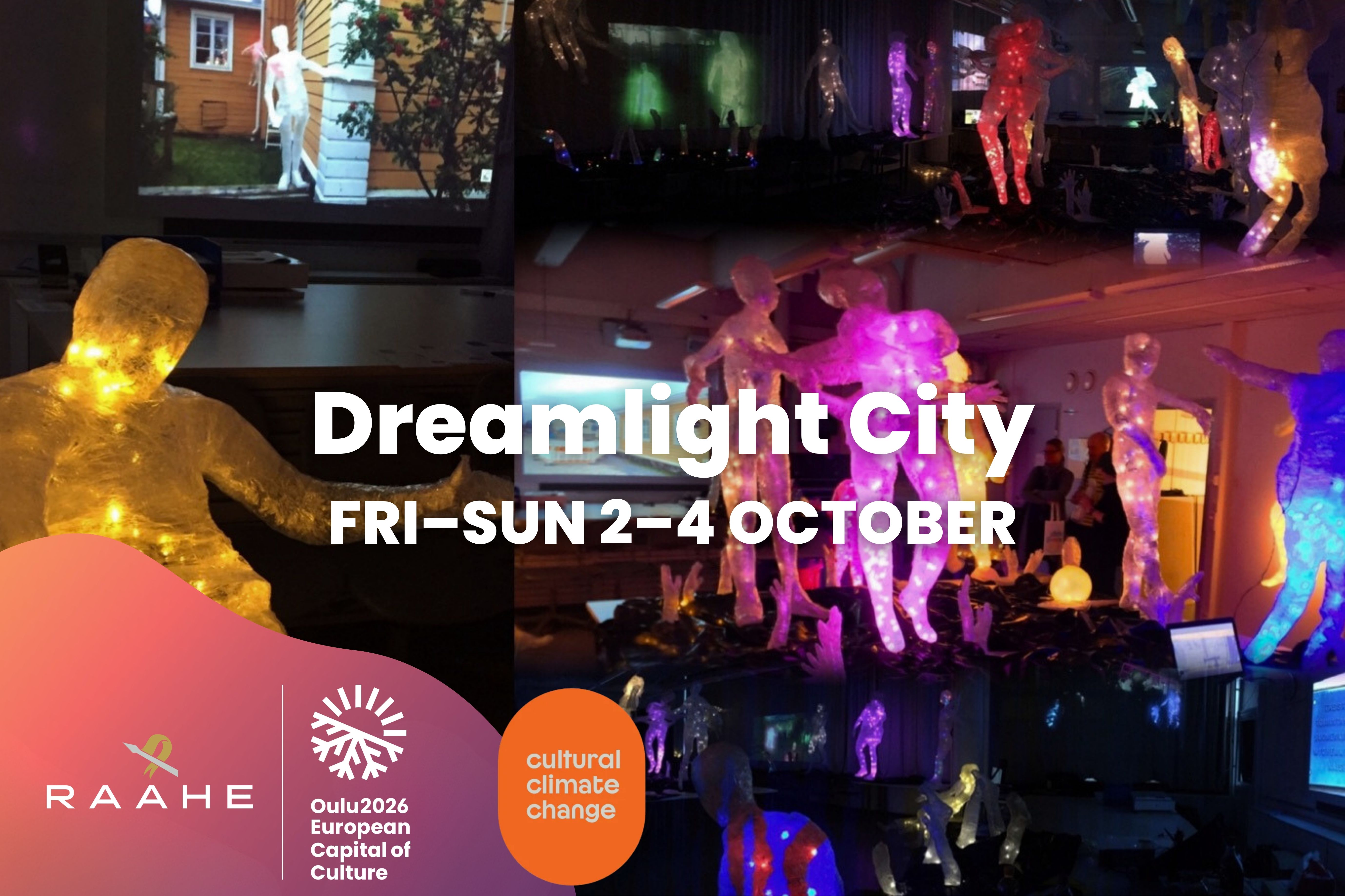 Graphic ad of Dreamlight City with lightened human figures.
