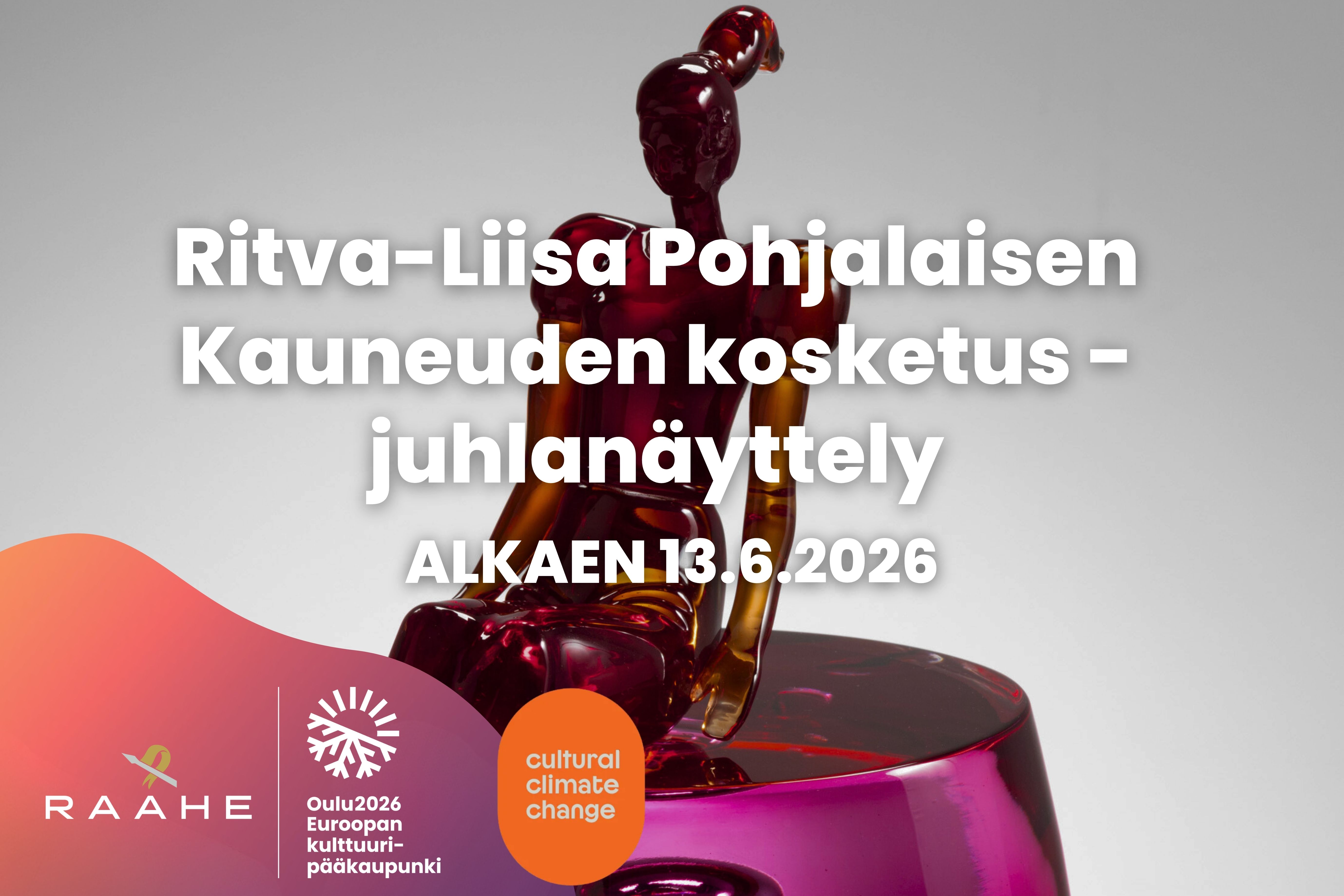 Graafinen mainos Ritva-Liisa Pohjalaisen näyttelystä, jonka kuvana lasiveistos.