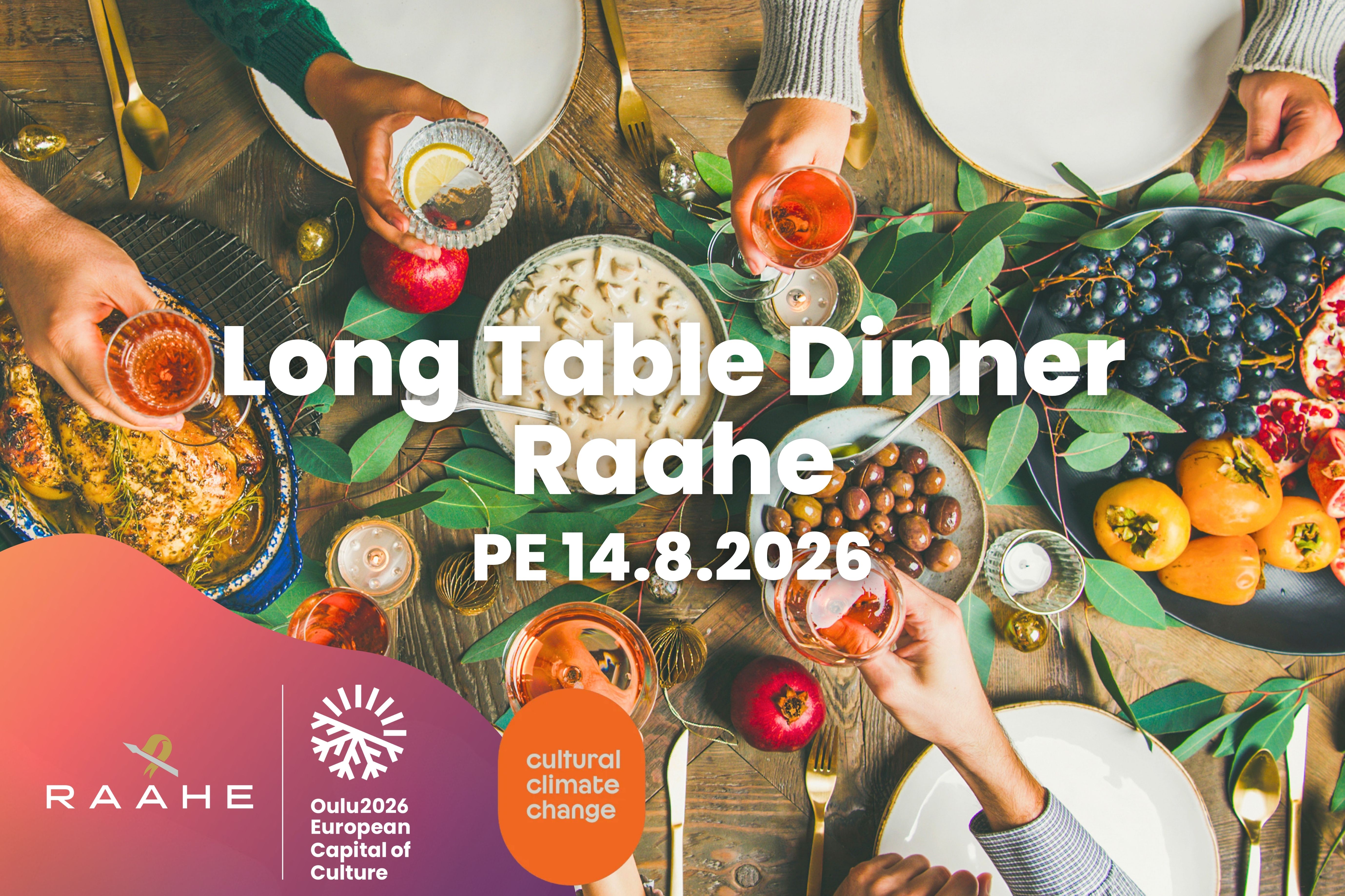 Graphic ad of Long Table Dinner, with a picture of dinner table.