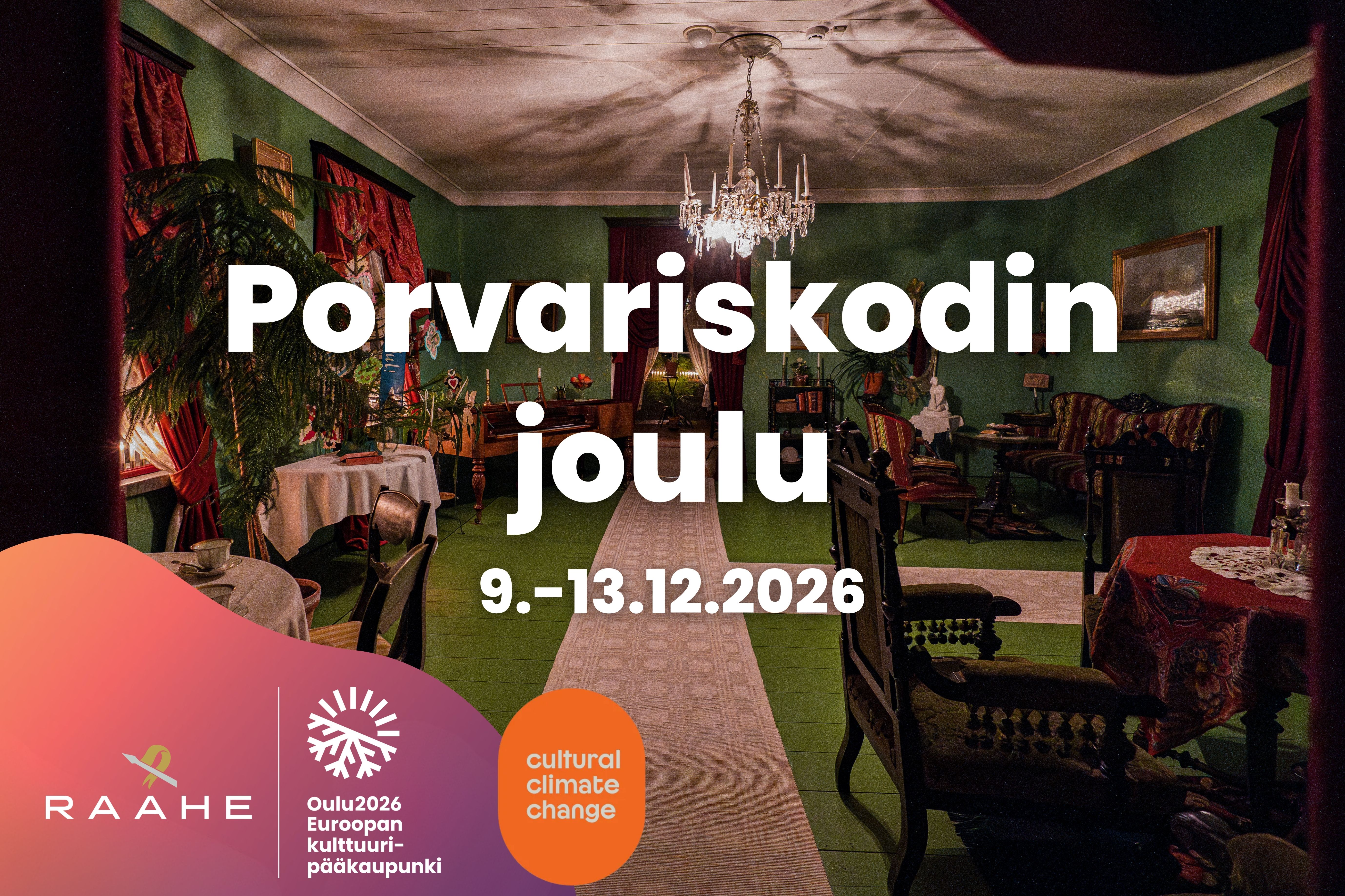 Graafinen mainos Porvariskodin joulusta, jossa kuvana Soveliuksen talo.