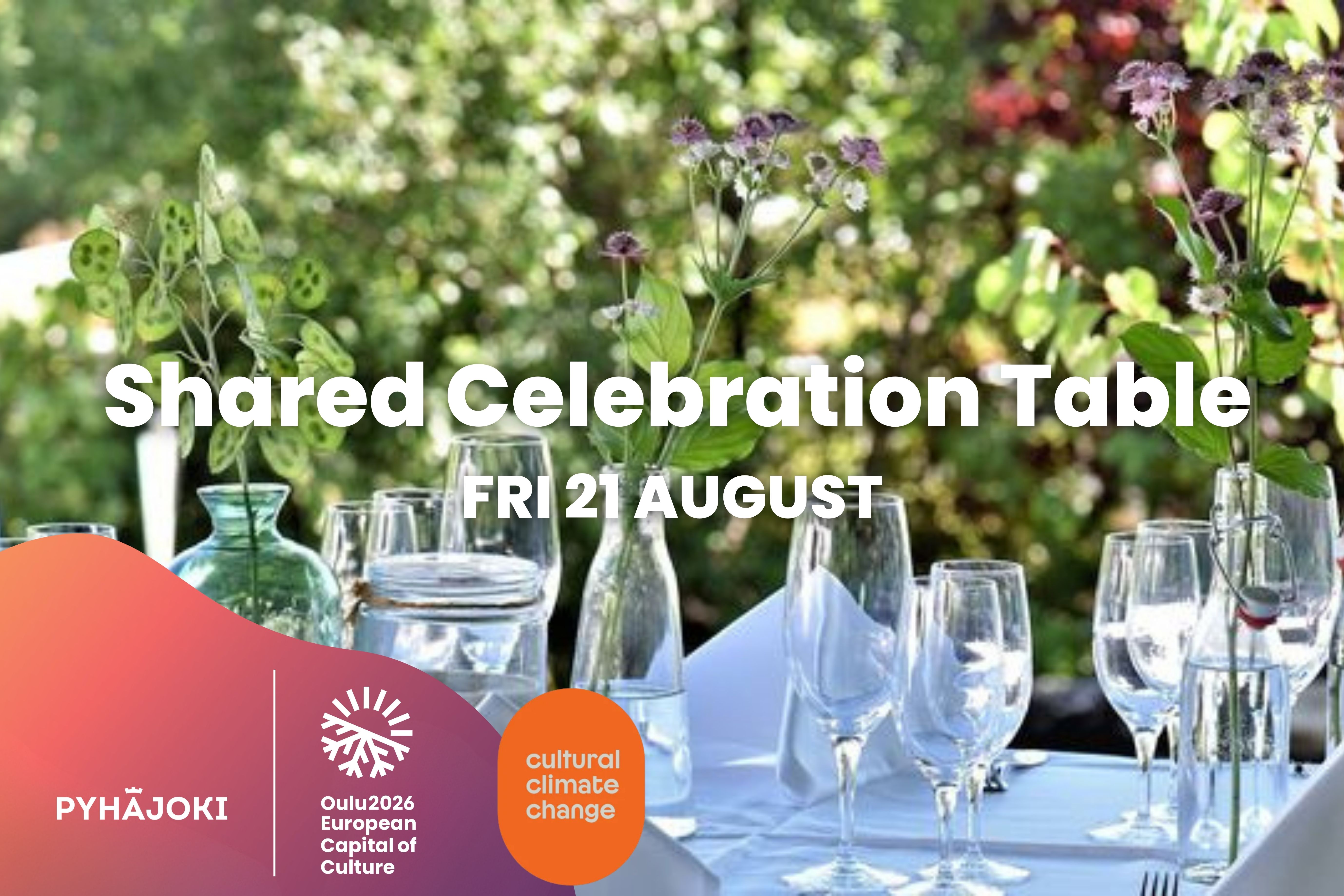 Graphic ad of Shared Celebration Table with a picture of dinner table in summer yard.