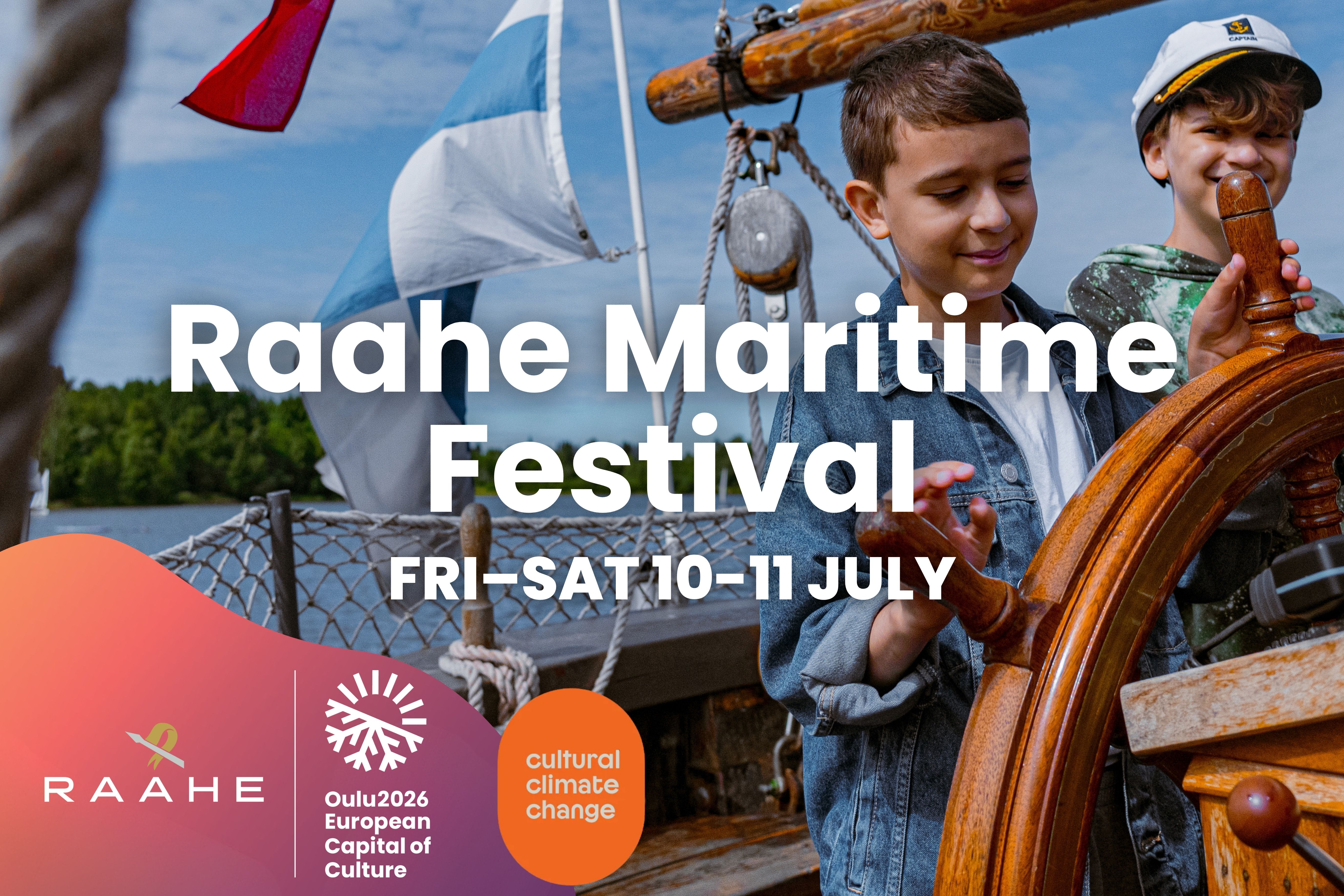 Graphic ad of Raahe Maritime Festival with a picture of boys sailing a boat.