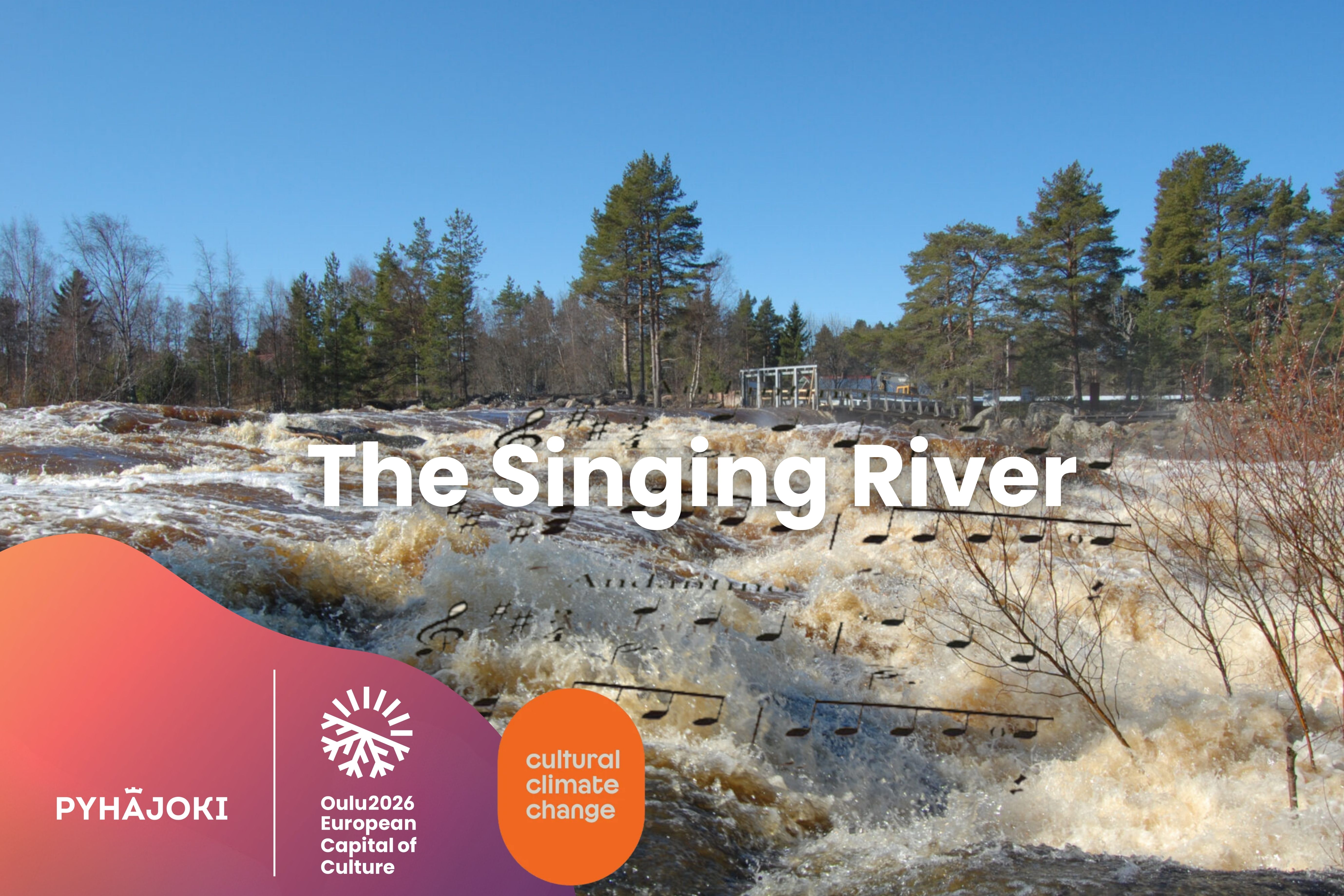 Graphic ad of Singing River with a picture of Hourunkoski Rapids. 