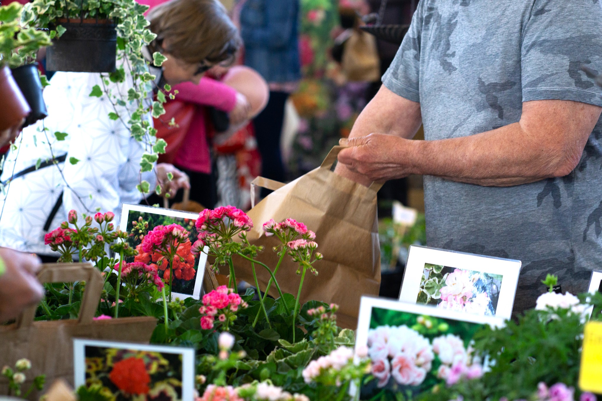 Kukkia ja asiakkaita Pohjois-Suomen Puutarhamessuilla.